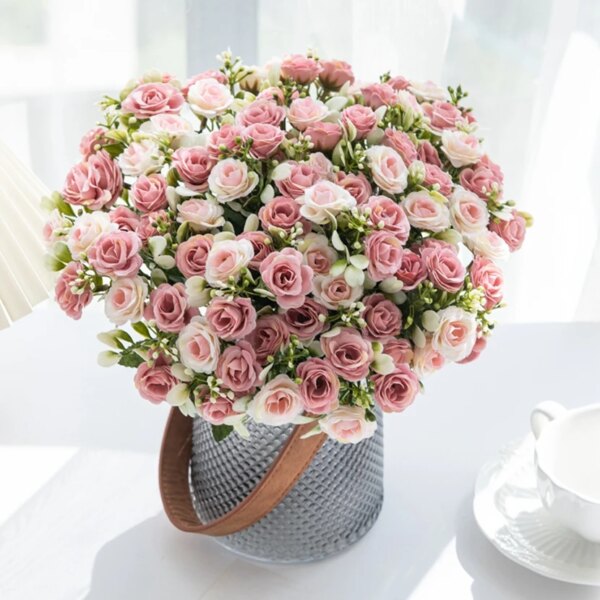 15 blomsterhoder – 5 greiner silkeroser til bryllup, kranser og dekor