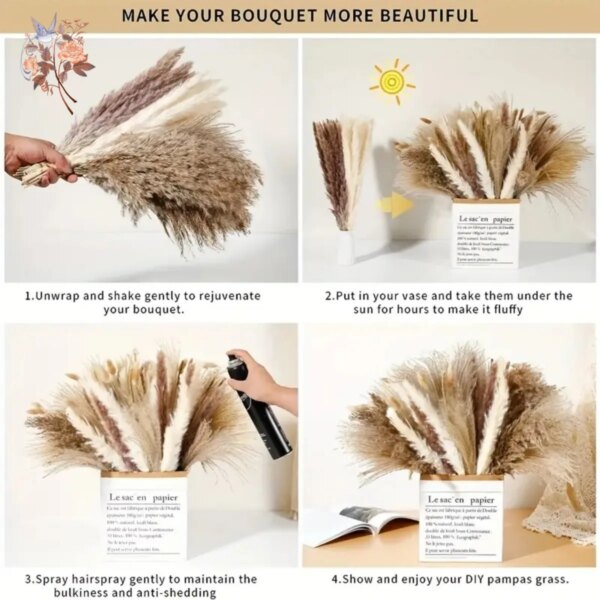 100Pcs Natural Fluffy Pampas Dried Flowers Bouquet