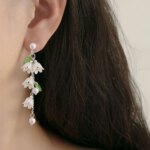 White Tulip Green Leaves Drop Earrings