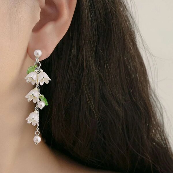 White Tulip Green Leaves Drop Earrings
