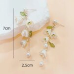White Tulip Green Leaves Drop Earrings