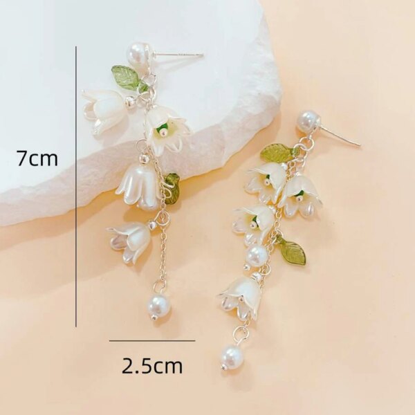White Tulip Green Leaves Drop Earrings