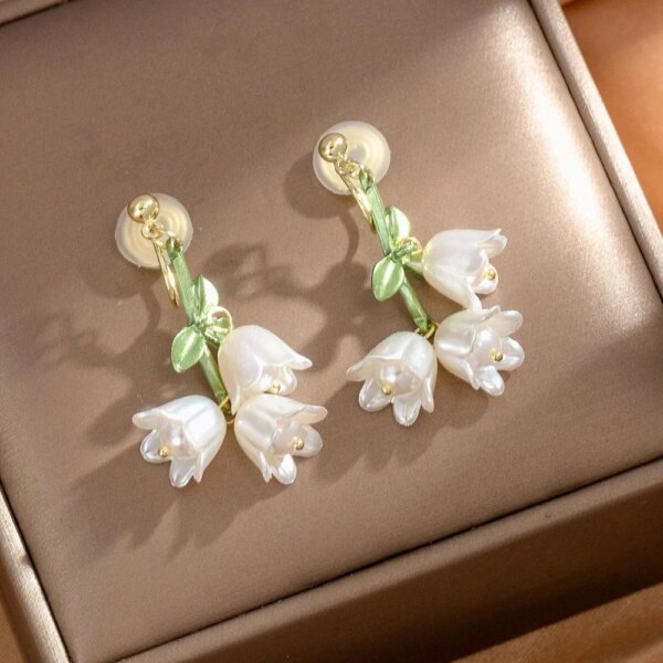 White Tulip Green Leaves Drop Earrings