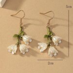 White Tulip Green Leaves Drop Earrings