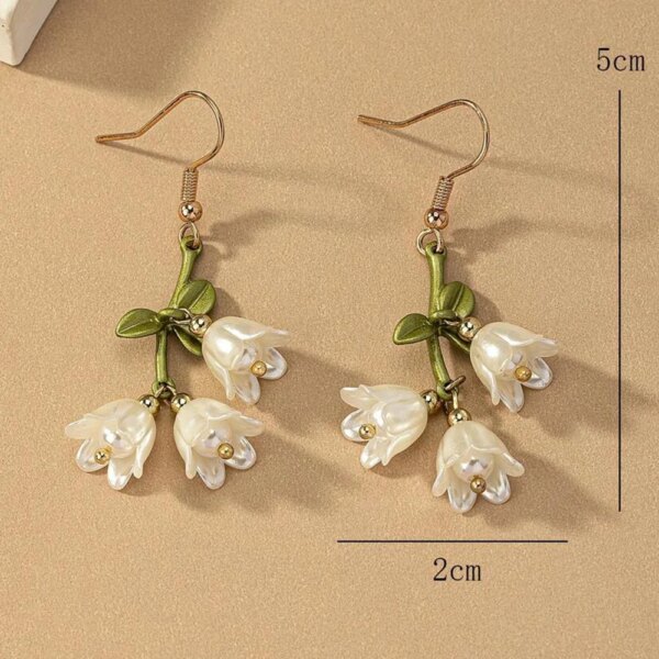 White Tulip Green Leaves Drop Earrings