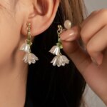 White Tulip Green Leaves Drop Earrings