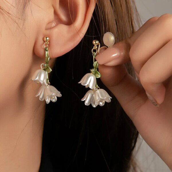 White Tulip Green Leaves Drop Earrings