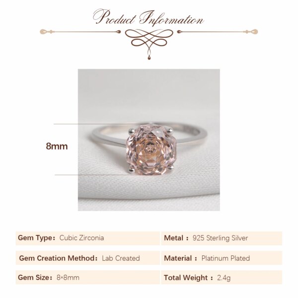 Potiy 2ct Octagon Rose Cut Morganite Pink Cubic Zirconia Solitaire Ring, 925 Sterling Silver