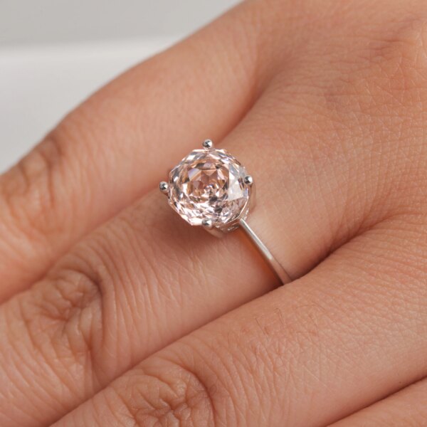Potiy 2ct Octagon Rose Cut Morganite Pink Cubic Zirconia Solitaire Ring, 925 Sterling Silver