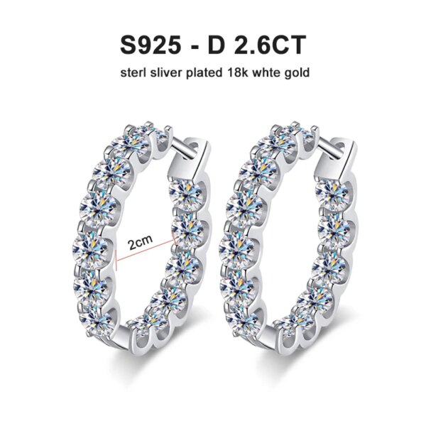 KNOBSPIN 2.6ct D Color Moissanite Earring 925 Sterling Sliver Plated White Gold Hoop Earring