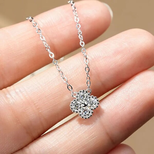 Moissanite Smykkesett – Firkløver Halskjede & Armbånd, 925 Sølv