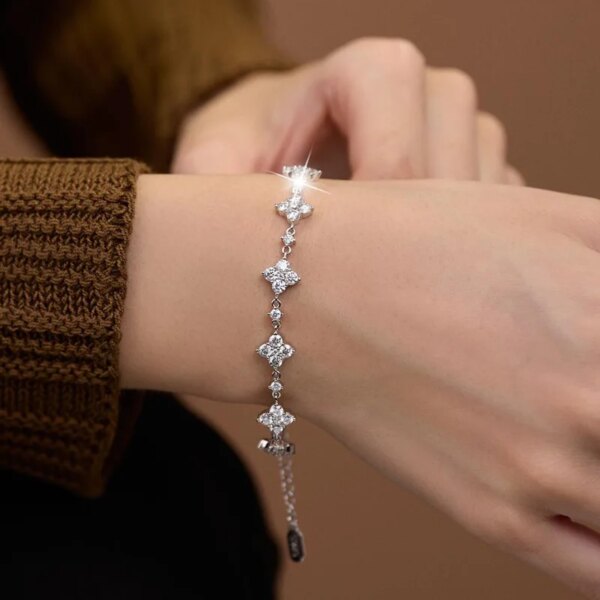 RAPRGOLD GRA Certified Moissanite Four Clover Flower Bracelets for Women 925 Sterling Silver Bracelet Chain Wedding Jewelry Gift
