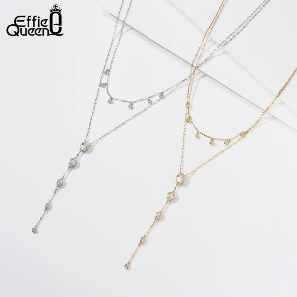 EFFIE QUEEN Exquisite Y-Shaped Choker Necklace 925 Sterling Silver Double Layer O-Chain With Cubic Zirconia Decor Present BQN16