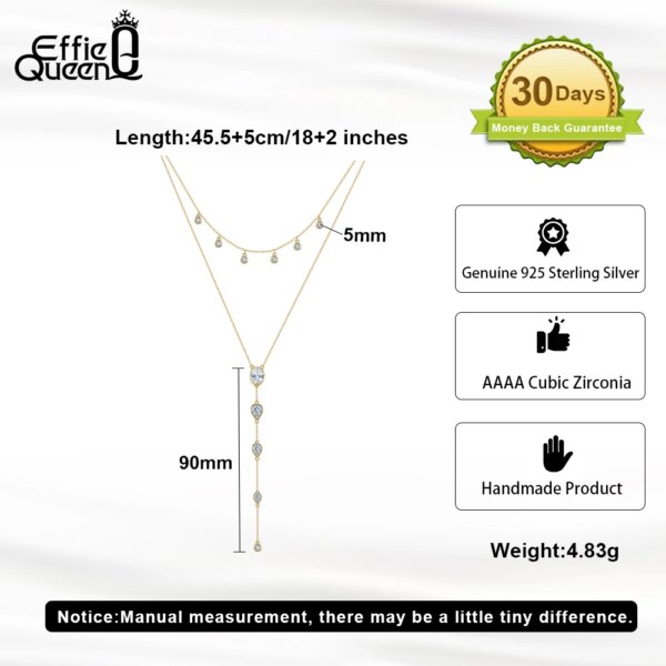 EFFIE QUEEN Exquisite Y-Shaped Choker Necklace 925 Sterling Silver Double Layer O-Chain With Cubic Zirconia Decor Present BQN16