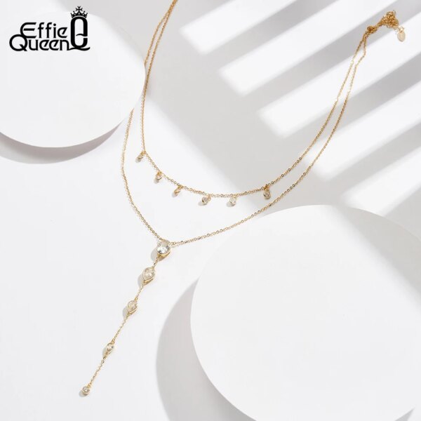 EFFIE QUEEN Exquisite Y-Shaped Choker Necklace 925 Sterling Silver Double Layer O-Chain With Cubic Zirconia Decor Present BQN16