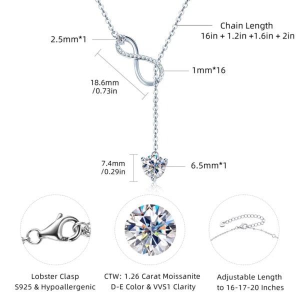 Anziw Infinity Moissanite Necklace – 925 Silver, D Color, Y-Shape