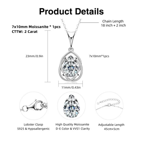 IOGOU 2.0ct Pear Cut Moissanite Pendant – Adjustable 925 Silver Chain