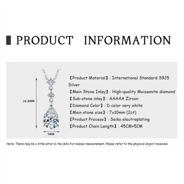 OXTAO 7x10mm 2.0ct Water Drop Moissanite Necklace – Adjustable, 925 Silver