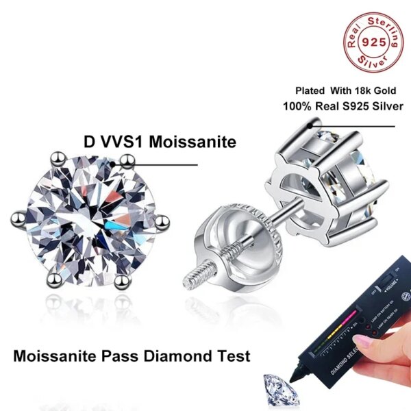NeeTim 2CT Moissanite Stud Earrings – White Gold Plated 925 Silver