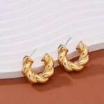 Gold Color Crystal Stone Hoop Earrings Twisted Metal Shape
