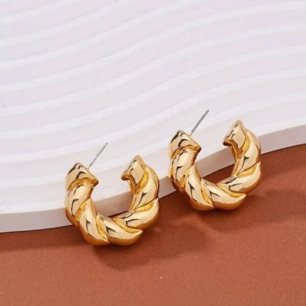 Gold Color Crystal Stone Hoop Earrings Twisted Metal Shape