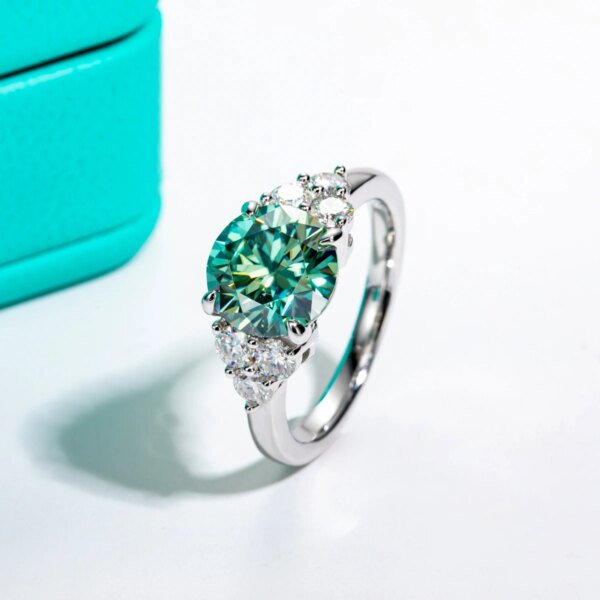 AnuJewel 3ct Round Cut Blue Green Color Moissanite Engagement Ring