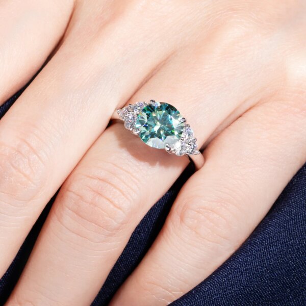 AnuJewel 3ct Round Cut Blue Green Color Moissanite Engagement Ring