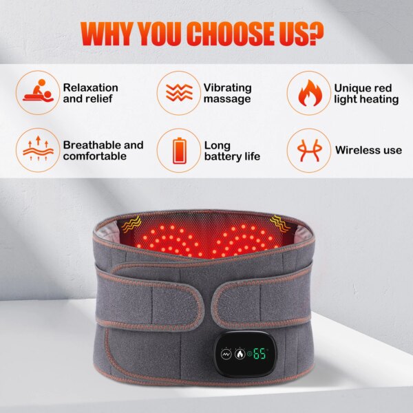 Infrared heating waist massager belt with vibration and lumbar support
