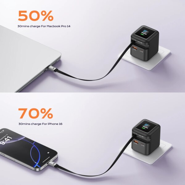 70W GaN Fast Charger with Type-C Retractable Cable 3 IN 1