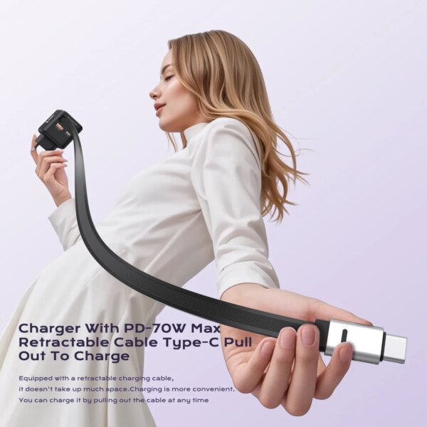 70W GaN Fast Charger with Type-C Retractable Cable 3 IN 1