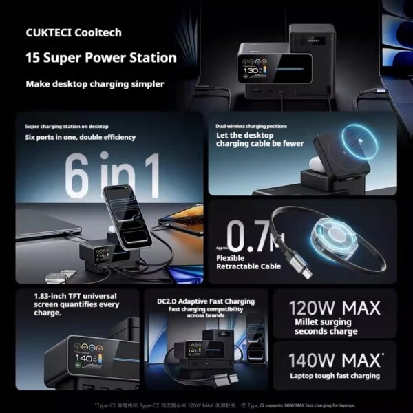 CUKTECH Super Power Station No.15 140W 6-in-1 Multi-Function Desktop Charger GaN Fast Charger